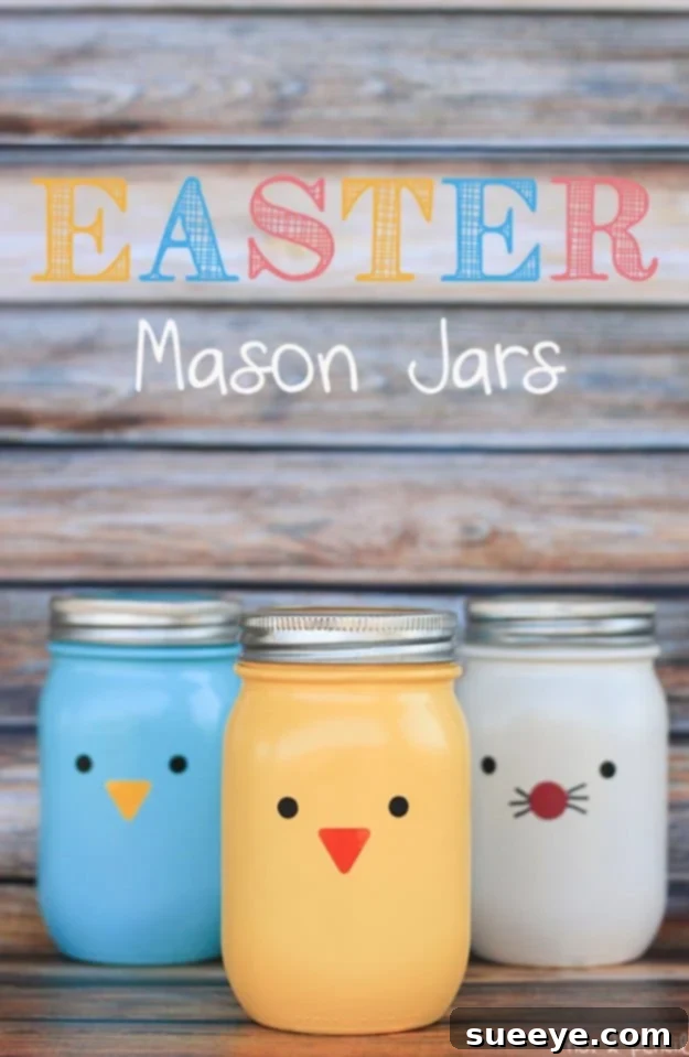 48 Creative DIY Easter Decor Projects 5 Mason jars decorated as Easter bunnies and chicks, serving as cute holiday decor.