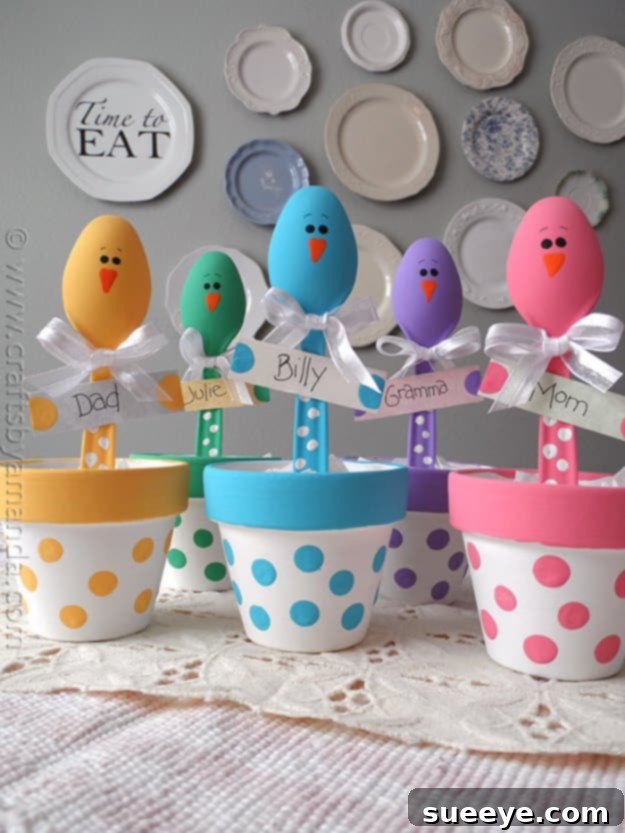 48 Creative DIY Easter Decor Projects 42 Colorful Easter chick place holders, crafted for a festive and organized dinner table.