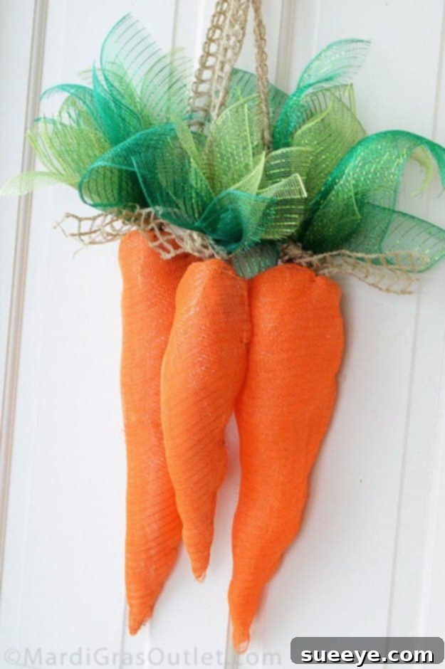 48 Creative DIY Easter Decor Projects 43 Large, vibrant orange carrots crafted from decorative mesh, used as festive Easter decor.
