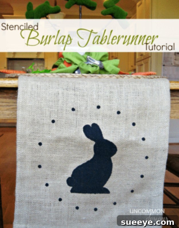 48 Creative DIY Easter Decor Projects 45 A rustic burlap table runner decorated with stenciled Easter bunny and egg designs.