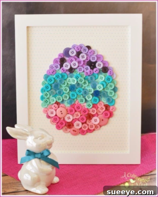 48 Creative DIY Easter Decor Projects 10 A decorative Easter egg art piece made entirely from colorful buttons on a canvas.