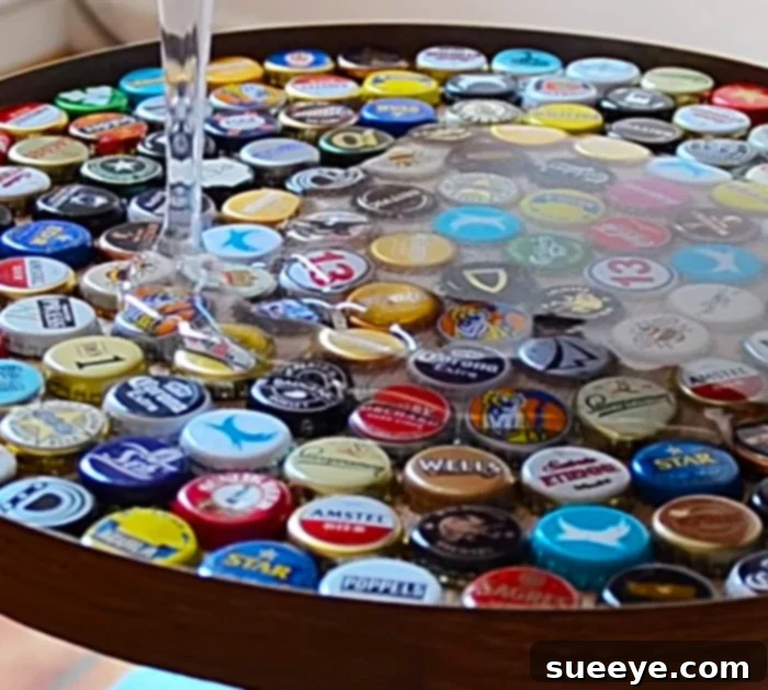 Crafting a Unique Beer Cap Table 4 Beer Cap Table 7: The finished beer cap table with a glossy epoxy resin topcoat, cured and ready for use.