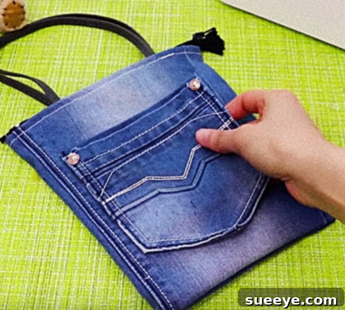 Denim Makeover Bag 5 Attaching the exterior denim pocket to the bag