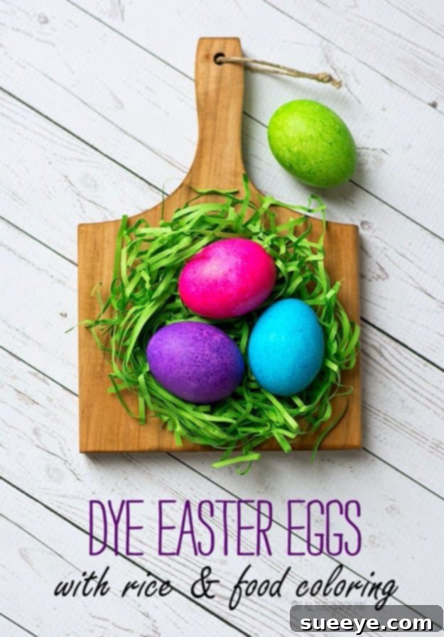 Speckled Easter eggs dyed with rice and food coloring, showing vibrant patterns