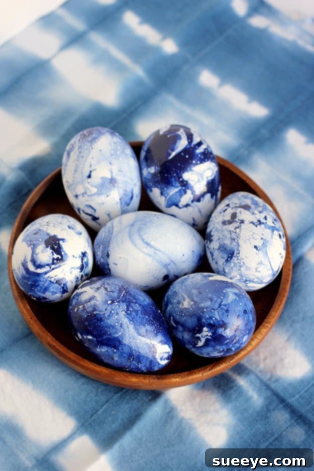Elegant Easter eggs with marbled indigo patterns