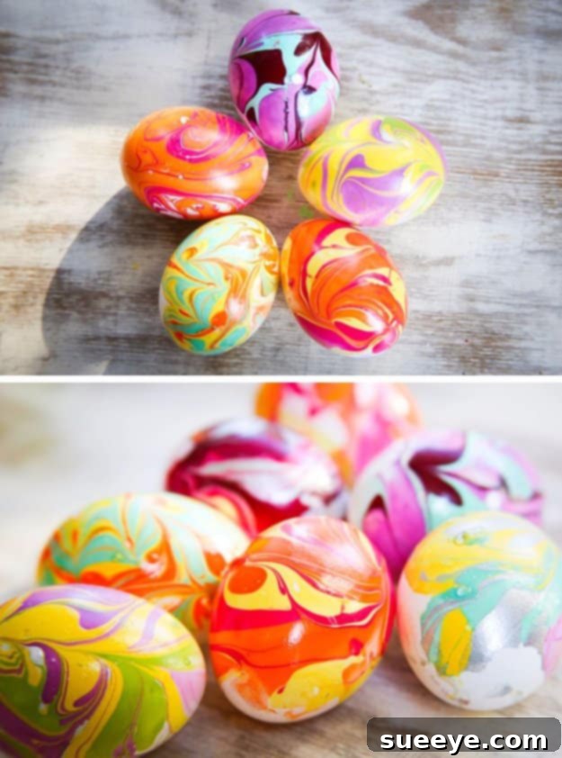 Beautifully marbled Easter eggs created with nail polish and water