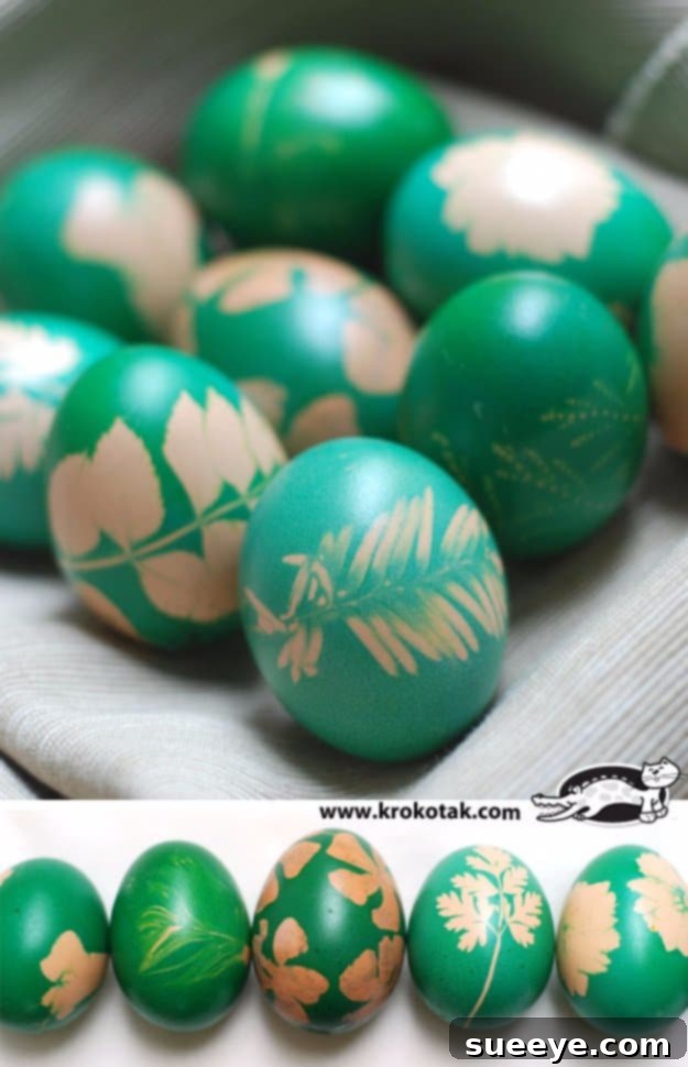 Easter eggs naturally dyed with grass and flowers, showcasing botanical imprints