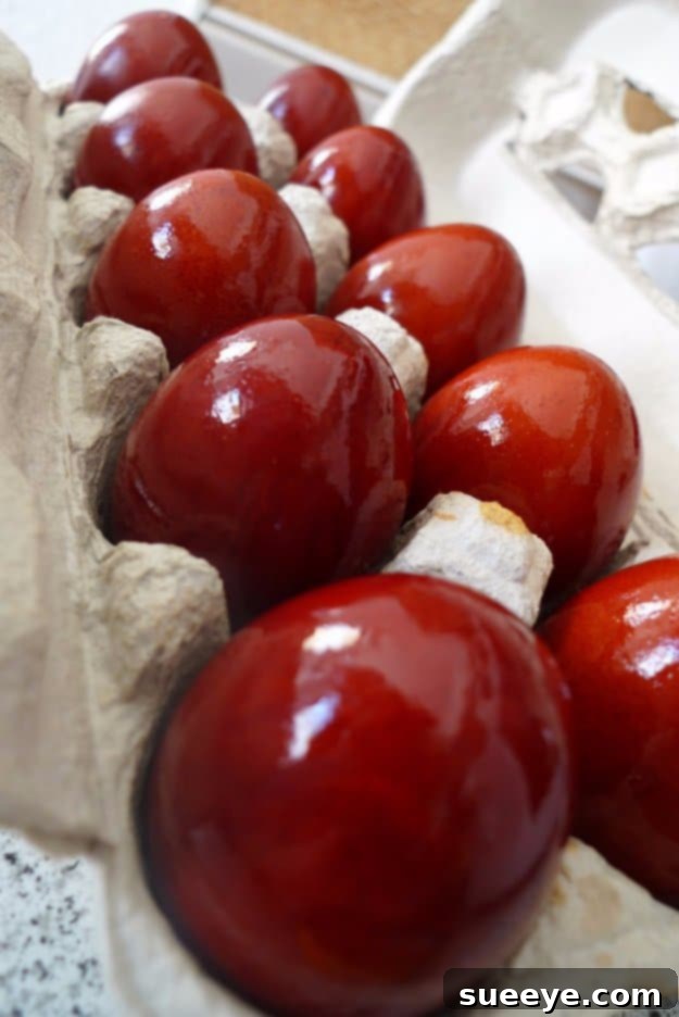 Deeply saturated blood-red Easter eggs, traditional for certain cultures