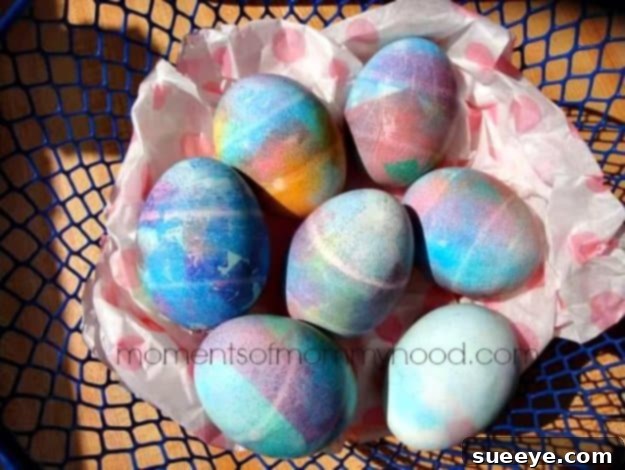 Easter eggs with vibrant, blended colors from tissue paper dyeing