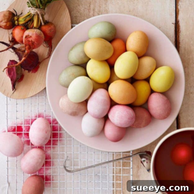Various Easter eggs dyed with all-natural ingredients, showing a range of subtle colors