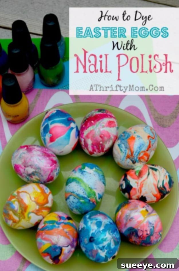 Easter eggs with vibrant nail polish swirl patterns, showcasing unique marble effects