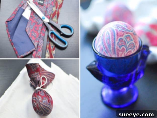 Easter eggs dyed with old silk ties, revealing intricate transferred patterns