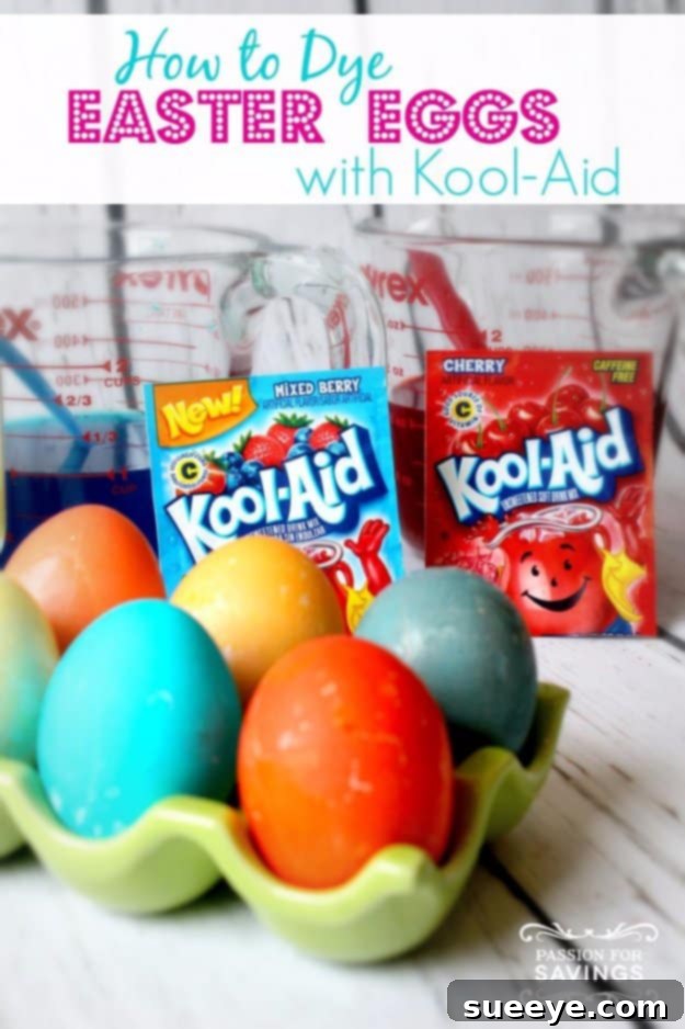 Brightly colored Easter eggs dyed using Kool-Aid packets