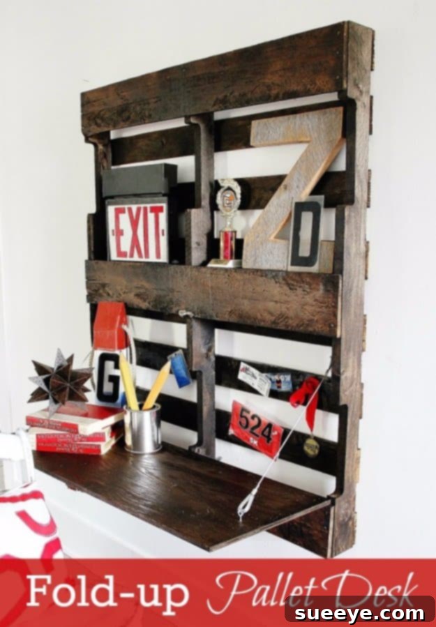 DIY Pallet Furniture Ideas - DIY Pallet Fold up Desk - Best Do It Yourself Projects Made With Wooden Pallets - Indoor and Outdoor, Bedroom, Living Room, Patio. Coffee Table, Couch, Dining Tables, Shelves, Racks and Benches DIY Pallet Fold-up Desk - Space-Saving Home Office Solution