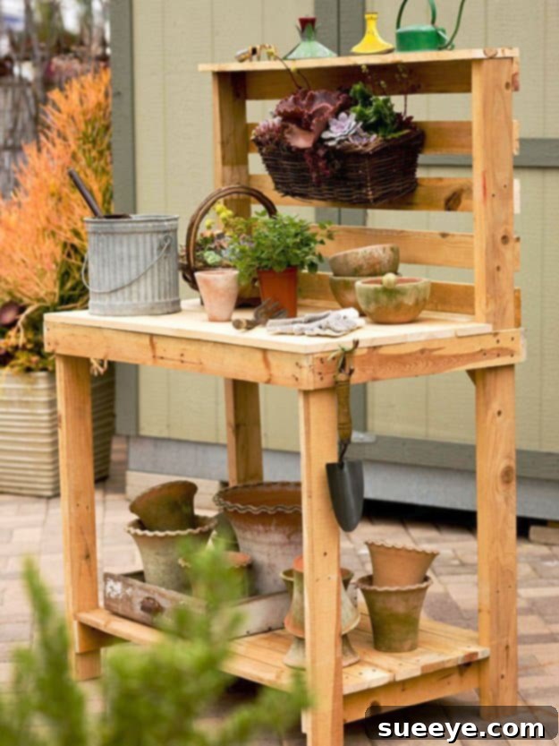 DIY Pallet Furniture Ideas - Pallet Garden Work Bench - Best Do It Yourself Projects Made With Wooden Pallets - Indoor and Outdoor, Bedroom, Living Room, Patio. Coffee Table, Couch, Dining Tables, Shelves, Racks and Benches Pallet Garden Work Bench - Sturdy DIY Potting Station