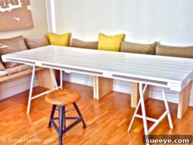 DIY Pallet Furniture Ideas - DIY Pallet Dining Table - Best Do It Yourself Projects Made With Wooden Pallets - Indoor and Outdoor, Bedroom, Living Room, Patio. Coffee Table, Couch, Dining Tables, Shelves, Racks and Benches DIY Pallet Dining Table - Rustic Farmhouse Eating Area