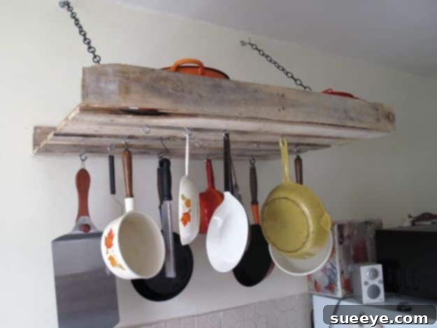 DIY Pallet Furniture Ideas - DIY Pallet Pot Rack - Best Do It Yourself Projects Made With Wooden Pallets - Indoor and Outdoor, Bedroom, Living Room, Patio. Coffee Table, Couch, Dining Tables, Shelves, Racks and Benches DIY Pallet Pot Rack - Rustic Kitchen Storage Solution