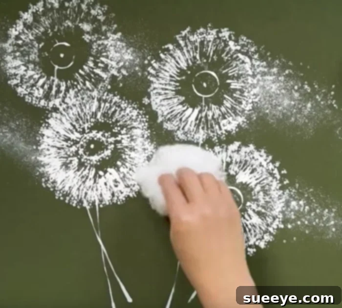 DIY Painting Ideas - Dandelion painting on poster board with toilet paper rolls - Cheap Kids Crafts