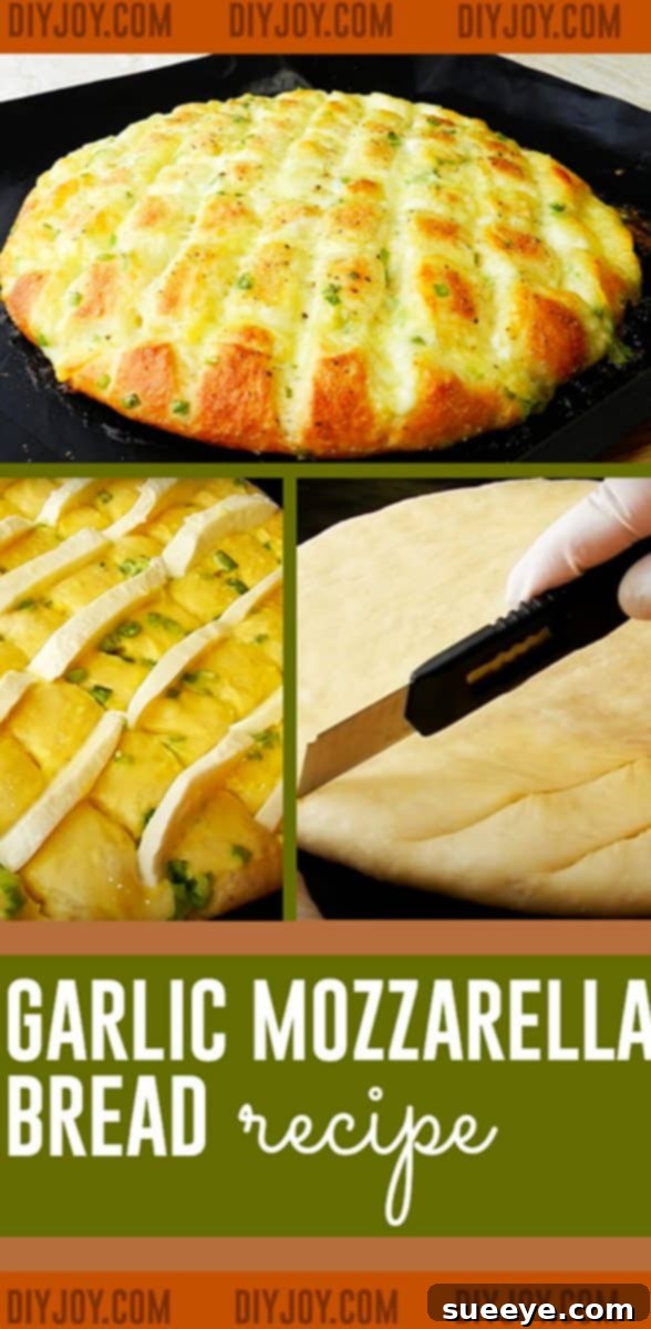 Melted Mozzarella Garlic Bread 4 Finished garlic mozzarella cheese bread on a wooden board, ready to be sliced and served