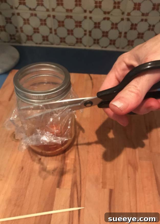Banish Fruit Flies For Good 4 After securing the cling wrap over your DIY fruit fly trap, trim any excess plastic for a neat and effective setup.