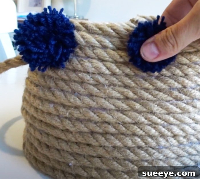 Crafting Beautiful Rope Baskets 3 Add Pom Poms To Rope Basket - DIY Basket Projects