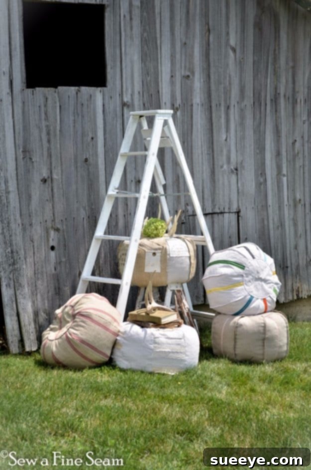 Grain Sack Pouf Tutorial Farmhouse-style Grain Sack DIY Pouf for rustic home decor