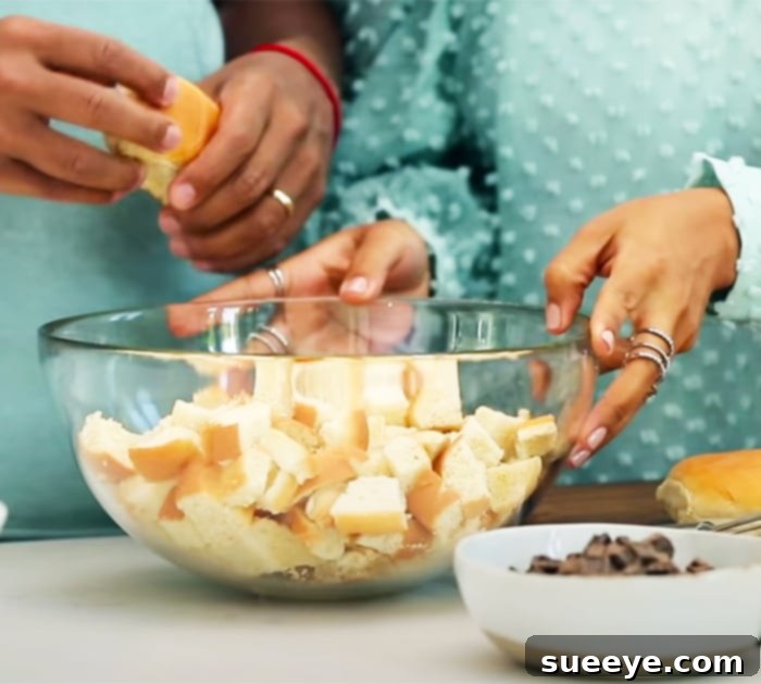 Easy Overnight French Toast Casserole 2 Add bread cubes to casserole dish for French Toast Casserole