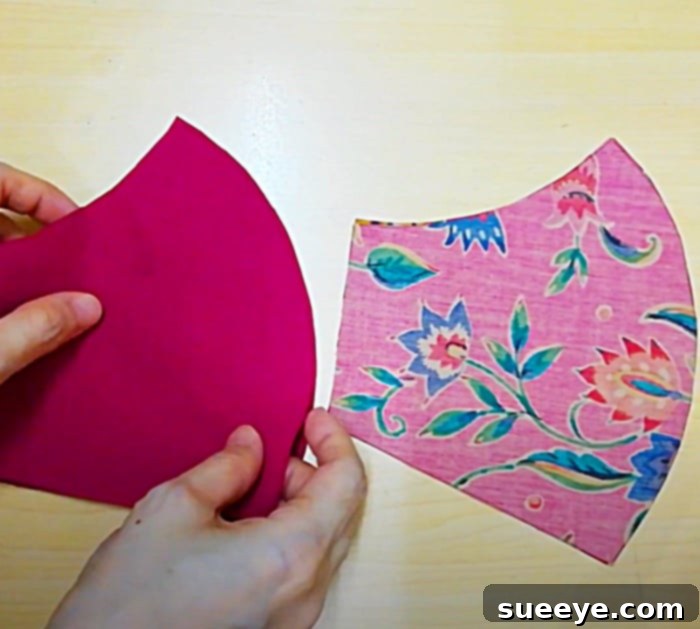 Adjustable Face Mask with Beaded Ear Loops 2 Step-by-step image showing how to cut and sew fabric pieces for a DIY face mask, ensuring precise stitching for the main body before adding adjustable ear loops. Illustrated by Simplicity on YouTube.