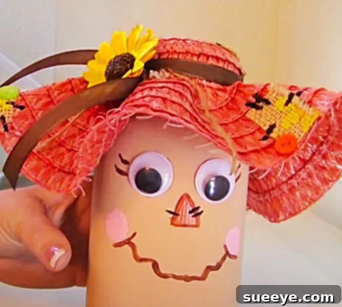 Creative Dollar Tree Fall Decor: Mason Jar Scarecrow with Placemat Hat - Completed look