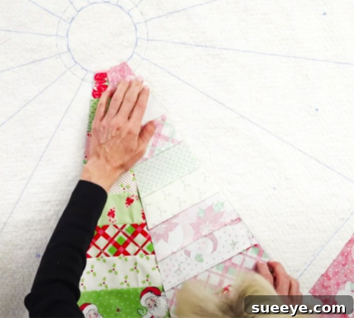 June Tailors Quilt-As-You-Go Tree Skirt 3 Detailed view of fabric strips being sewn onto Quilt As You Go batting, showcasing the easy template tutorial for DIY quilting.