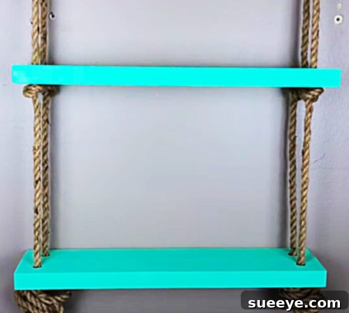 Create Rope Swing Shelves for Just $6 from Dollar Tree 3 Dollar Tree Swing Shelves - Floating Shelf Idea - How to make Easy Shelves