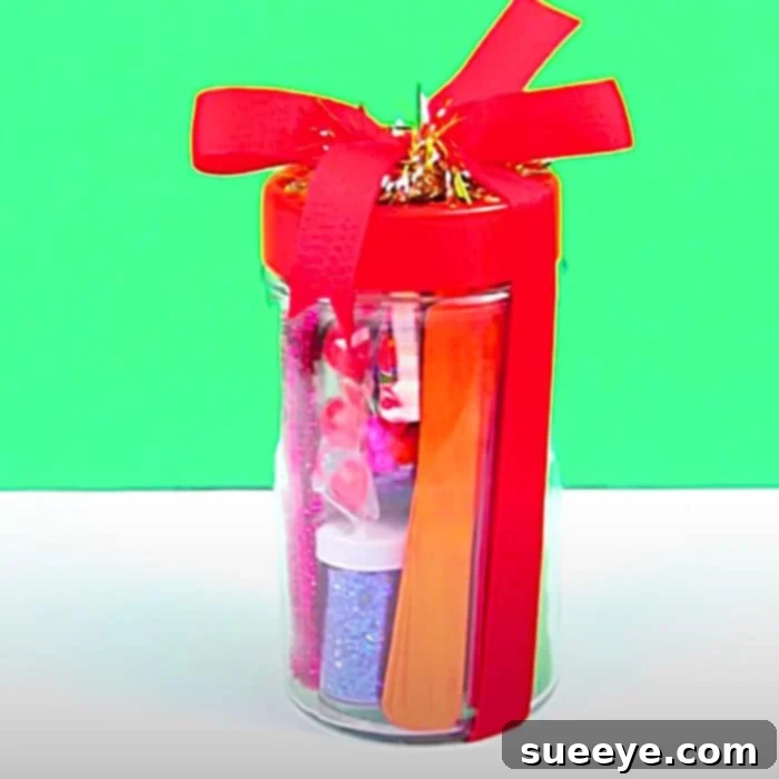 Creative DIY Gift Jar: Craft Supplies for an Avid Crafter, featuring pipe cleaners, pom-poms, and stickers