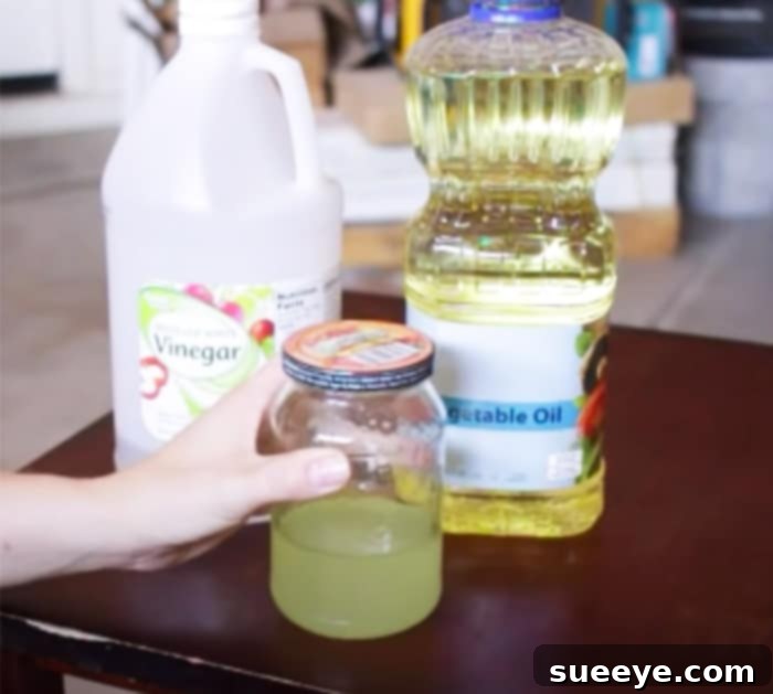 Bring Furniture Back To Life 3 Restore furniture with a DIY vinegar and cooking oil mixture to fix scratches and rejuvenate the wood surface.