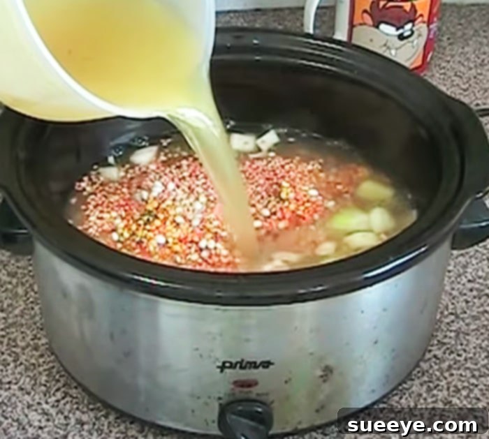 Effortless Slow Cooker Winter Vegetable Soup 3 A slow cooker filled with simmering winter vegetable soup, ready to be served on a cold evening.