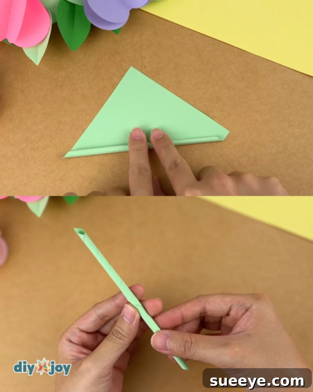 Image showing the rolling and gluing of the green paper to form the stem.