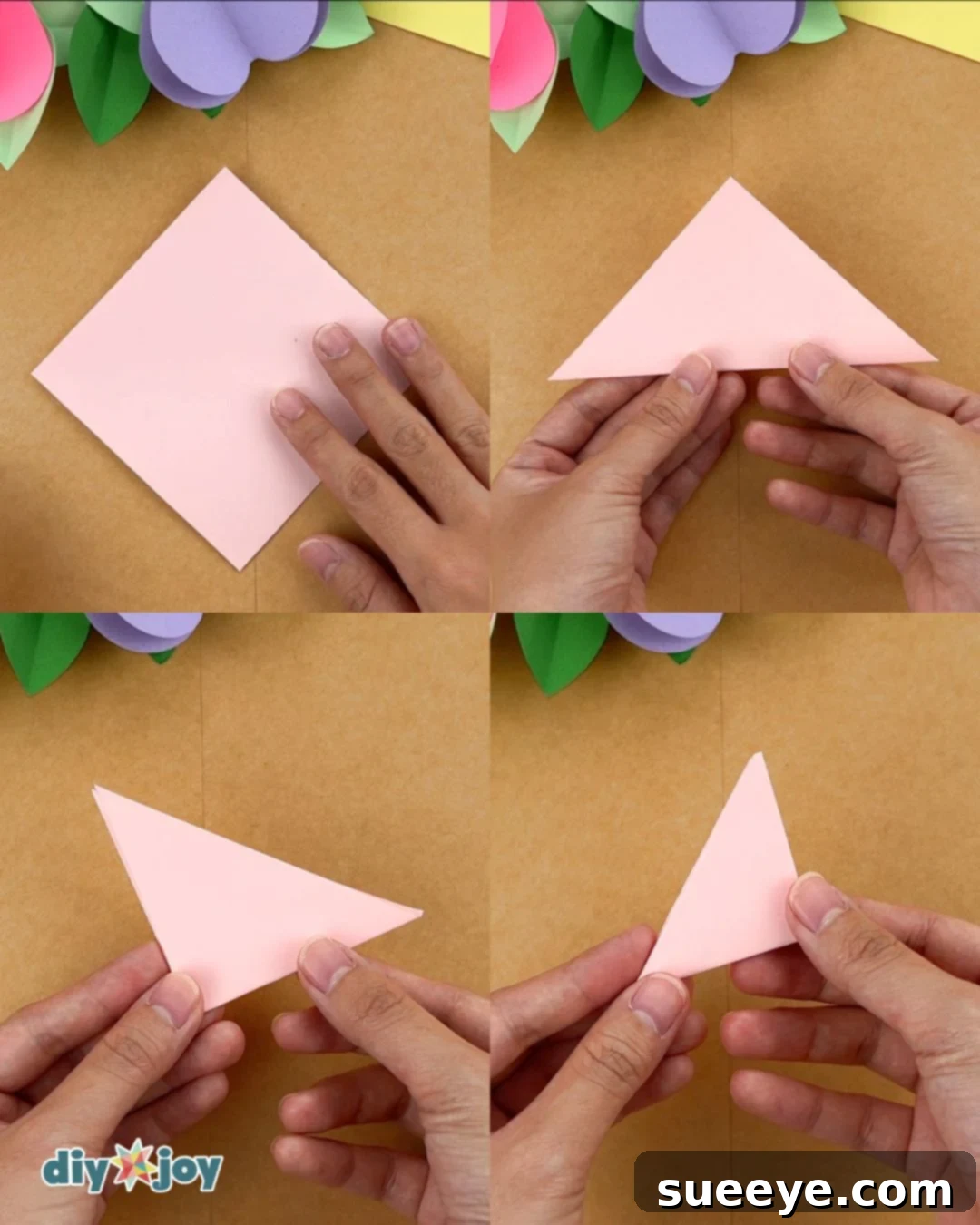 Image demonstrating the folding process of the square paper into a smaller triangle.