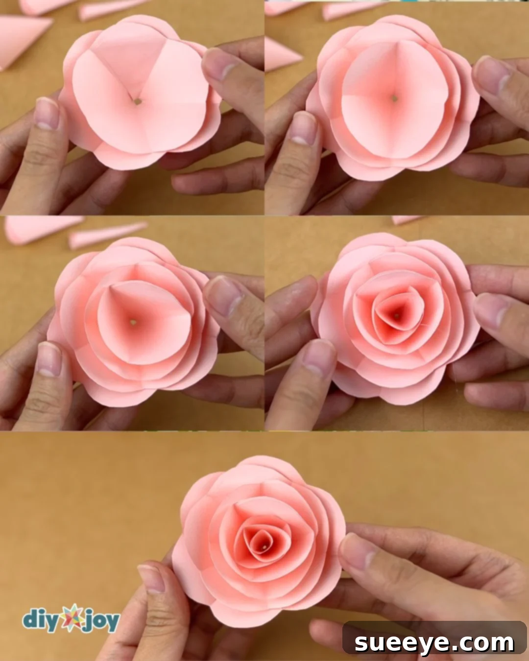 Image illustrating the assembly of the paper rose layers.